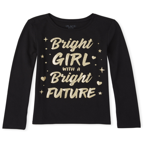

Girls Glitter Bright Future Graphic Tee - Black T-Shirt - The Children's Place