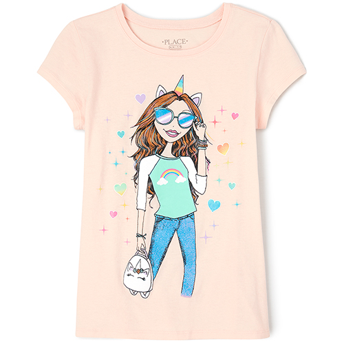 

Girls Glitter Rainbow Girl Graphic Tee - Pink T-Shirt - The Children's Place