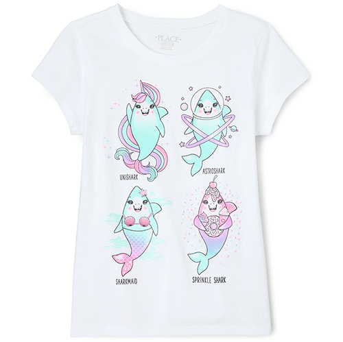 

Girls Glitter Shark Graphic Tee - White T-Shirt - The Children's Place