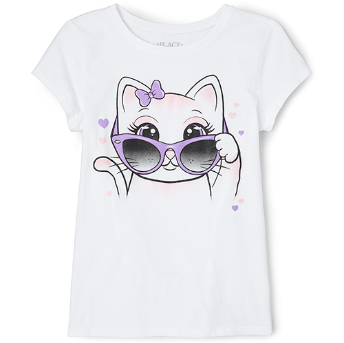 

Girls Glitter Cat Graphic Tee - White T-Shirt - The Children's Place