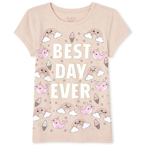 

Girls Glitter Best Day Ever Graphic Tee - Tan T-Shirt - The Children's Place