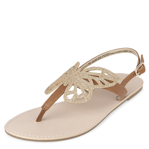 

Girls Glitter Butterfly T-Strap Sandals - Tan - The Children's Place