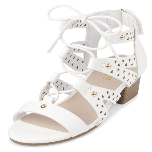 

Girls Laser Cut Lace Up Low Heel Sandals - White - The Children's Place