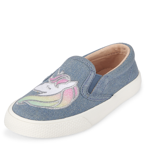 

Baby Girls Toddler Glitter Unicorn Denim Slip On Sneakers - The Children's Place