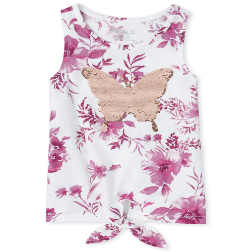 

Girls Flip Sequin Floral Tie Front Tank Top - Pink - The Children's Place