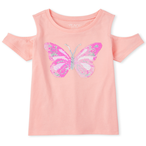 

Girls Flip Sequin Butterfly Cold Shoulder Top - Pink - The Children's Place