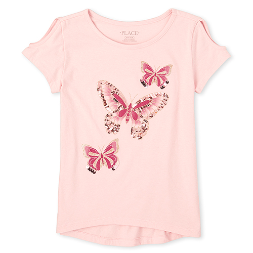 

Girls Embellished Butterfly Cold Shoulder High Low Top - Pink - The Children's Place