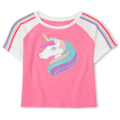

Girls Active Rainbow Striped Unicorn Raglan Top - Pink - The Children's Place