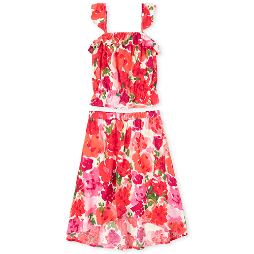 

Girls Floral Ruffle Top And High Low Maxi Skirt Set - Orange - The Children's Place