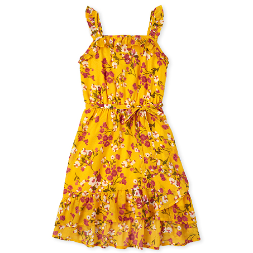 

Girls Floral Faux Wrap Dress - Yellow - The Children's Place