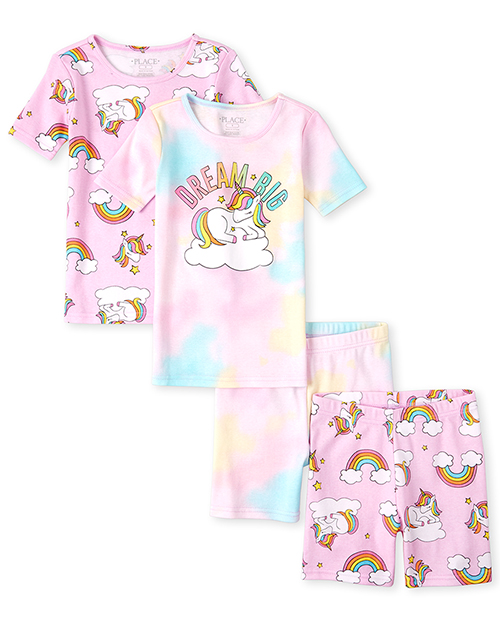 

s Unicorn Tie Dye Snug Fit Cotton 4-Piece Pajamas - Pink - The Children's Place
