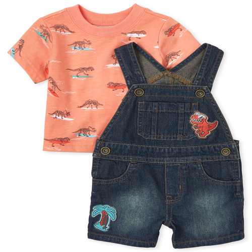 

Newborn Baby Boys Dino Denim Shortalls Outfit Set - The Children's Place