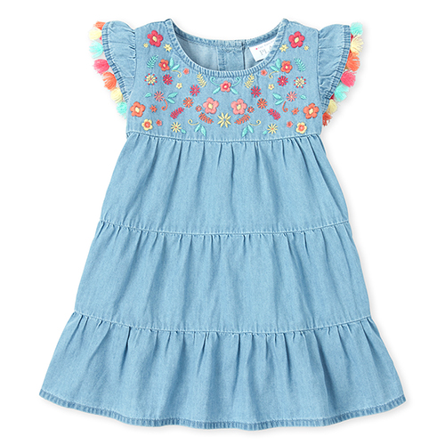 

s Baby And Toddler Embroidered Tassel Denim Tiered Dress - Blue - The Children's Place