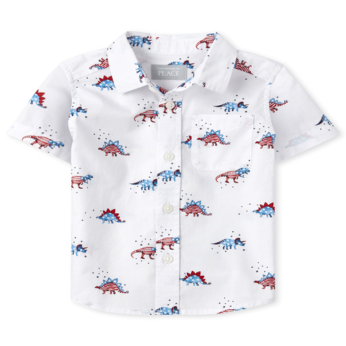 

s Baby And Toddler Boys Americana Dino Poplin Button Down Shirt - White - The Children's Place