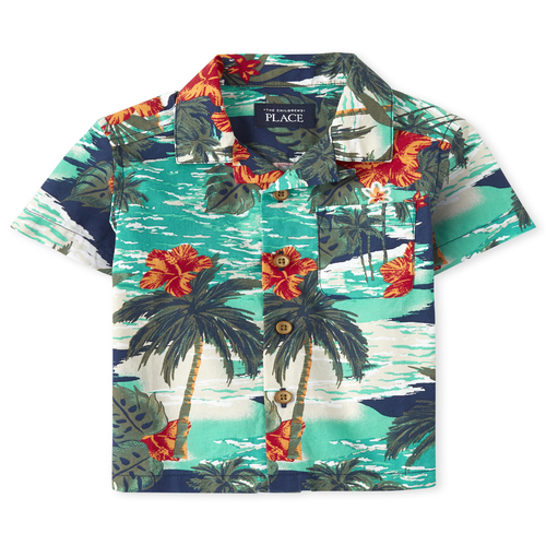 

s Baby And Toddler Boys Tropical Beach Poplin Button Down Shirt - Blue - The Children's Place
