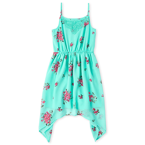 

Girls Floral Sharkbite Hem Dress - Blue - The Children's Place