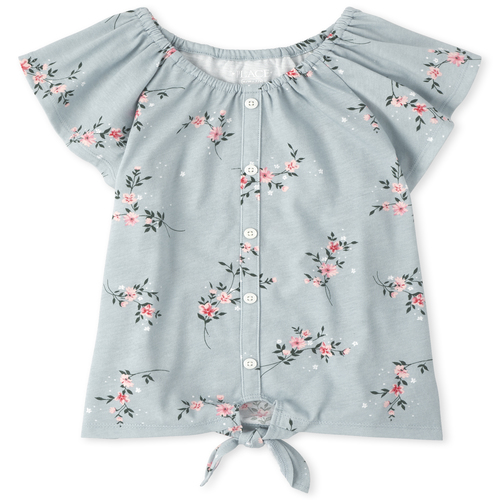 

Girls Floral Button Down Tie Front Top - Gray - The Children's Place