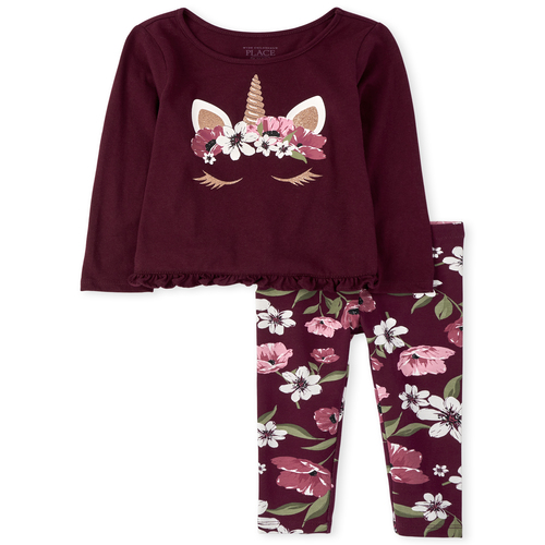 

Baby Girls Toddler Floral Unicorn Outfit Set - Red - The Children's Place