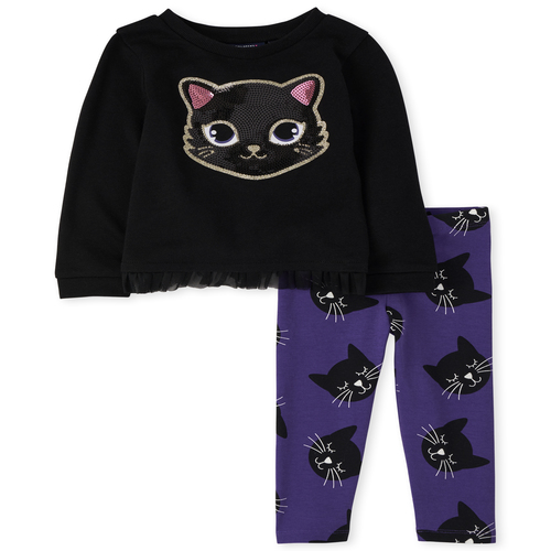 

Baby Girls Toddler Halloween Glitter Cat Outfit Set - Black - The Children's Place