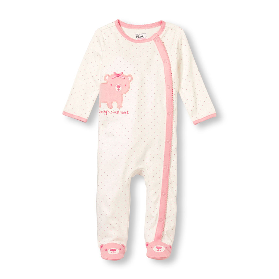 Baby Girls Layette Long Sleeve Daddys Sweetheart Bear Graphic Dot Print Footed Sleep And Play